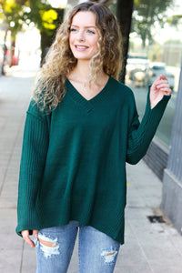 Casual Chic Oversized V Neck Rib Knit Sweater in Hunter Green