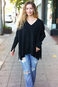 Casual Chic Oversized V Neck Rib Knit Sweater in Black