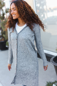 Spread Joy Grey Brushed Knit Crochet Button Down Duster Cardigan