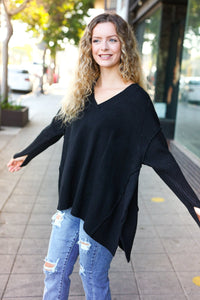 Casual Chic Oversized V Neck Rib Knit Sweater in Black