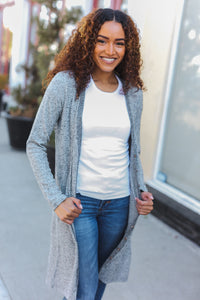 Spread Joy Grey Brushed Knit Crochet Button Down Duster Cardigan