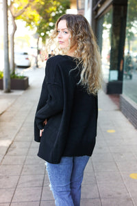 Casual Chic Oversized V Neck Rib Knit Sweater in Black