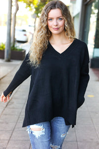 Casual Chic Oversized V Neck Rib Knit Sweater in Black