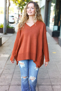 Casual Chic Oversized V Neck Rib Knit Sweater in Rust