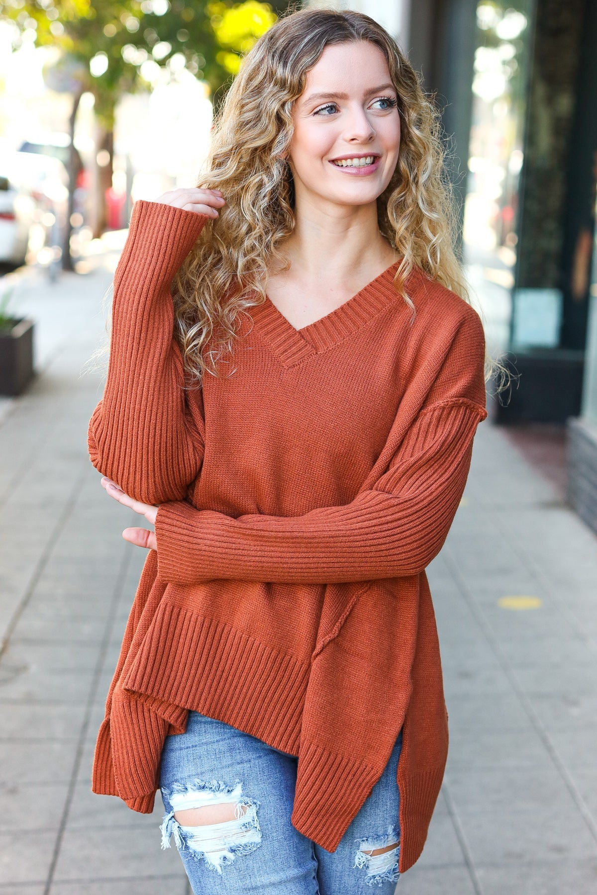 Casual Chic Oversized V Neck Rib Knit Sweater in Rust