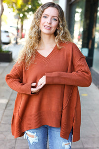 Casual Chic Oversized V Neck Rib Knit Sweater in Rust