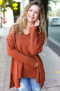 Casual Chic Oversized V Neck Rib Knit Sweater in Rust