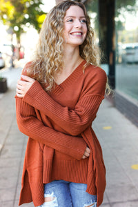 Casual Chic Oversized V Neck Rib Knit Sweater in Rust