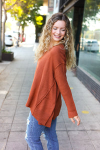 Casual Chic Oversized V Neck Rib Knit Sweater in Rust