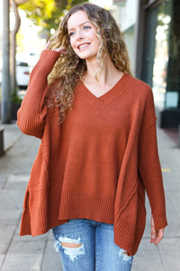 Casual Chic Oversized V Neck Rib Knit Sweater in Rust