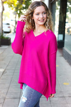 Load image into Gallery viewer, Be Bold Magenta Oversized V Neck Rib Knit Sweater
