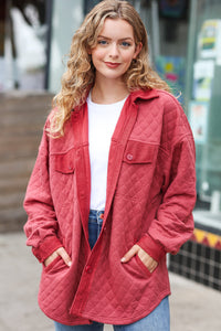 Eyes On You Quilted Knit Button Down Shacket in Marsala