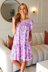 Lovely In Florals Tiered Ruffle Sleeve Woven Dress in Lilac