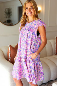 Lovely In Florals Tiered Ruffle Sleeve Woven Dress in Lilac