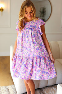 Lovely In Florals Tiered Ruffle Sleeve Woven Dress in Lilac