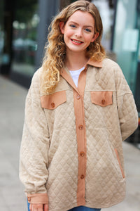 Eyes On You Quilted Knit Button Down Shacket in Taupe