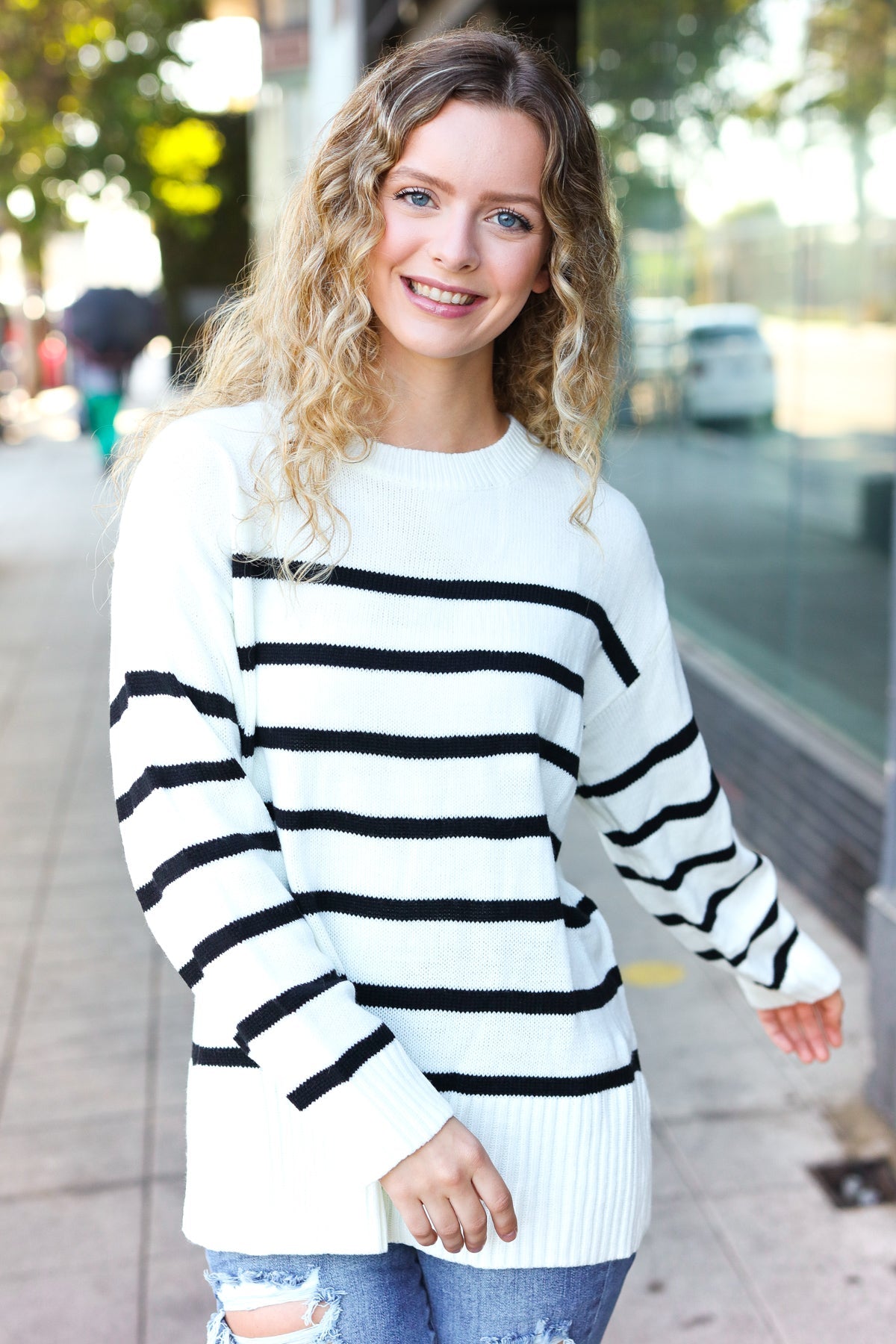 Stand Out Striped Oversized Knit Sweater in Ivory