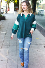 Load image into Gallery viewer, Falling For You Color Block Collared French Terry Top in Hunter Green
