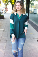 Load image into Gallery viewer, Falling For You Color Block Collared French Terry Top in Hunter Green
