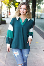 Load image into Gallery viewer, Falling For You Color Block Collared French Terry Top in Hunter Green
