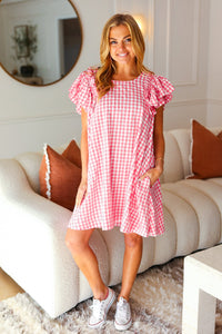 Southern Charm Pink Gingham Check Ruffle Sleeve Dress