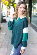 Load image into Gallery viewer, Falling For You Color Block Collared French Terry Top in Hunter Green
