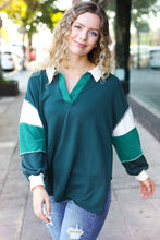 Load image into Gallery viewer, Falling For You Color Block Collared French Terry Top in Hunter Green
