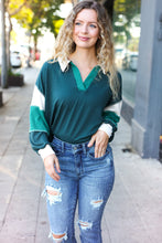 Load image into Gallery viewer, Falling For You Color Block Collared French Terry Top in Hunter Green
