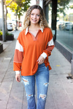 Load image into Gallery viewer, Falling For You Color Block Collared French Terry Top in Rust
