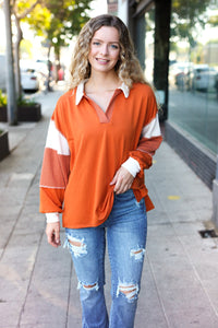 Falling For You Color Block Collared French Terry Top in Rust