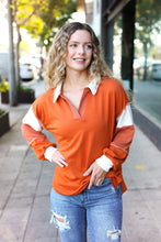 Load image into Gallery viewer, Falling For You Color Block Collared French Terry Top in Rust
