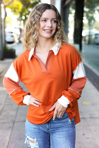 Falling For You Color Block Collared French Terry Top in Rust