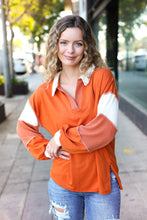 Load image into Gallery viewer, Falling For You Color Block Collared French Terry Top in Rust
