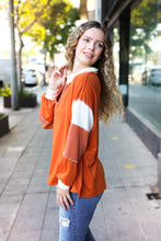 Load image into Gallery viewer, Falling For You Color Block Collared French Terry Top in Rust
