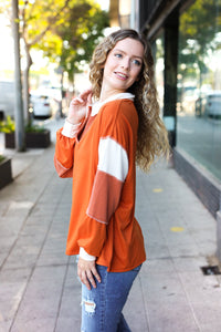 Falling For You Color Block Collared French Terry Top in Rust