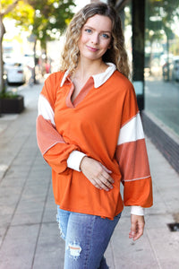 Falling For You Color Block Collared French Terry Top in Rust