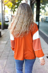 Falling For You Color Block Collared French Terry Top in Rust