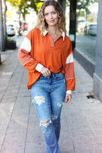 Load image into Gallery viewer, Falling For You Color Block Collared French Terry Top in Rust
