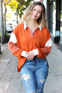 Falling For You Color Block Collared French Terry Top in Rust