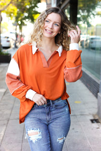 Falling For You Color Block Collared French Terry Top in Rust