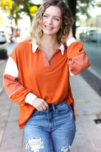 Load image into Gallery viewer, Falling For You Color Block Collared French Terry Top in Rust
