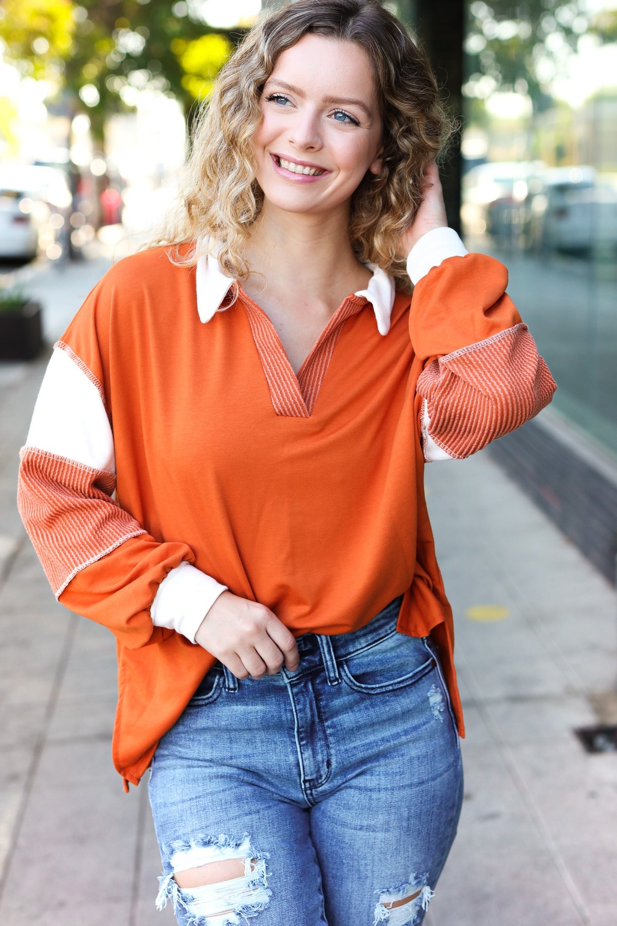 Falling For You Color Block Collared French Terry Top in Rust