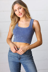 Bare Necessity Rib Cropped Square Neck Tank in Washed Navy
