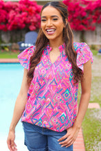 Load image into Gallery viewer, Eyes On You Fuchsia Boho Ikat Print Frill Notch Neck Top
