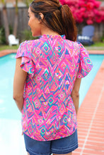 Load image into Gallery viewer, Eyes On You Fuchsia Boho Ikat Print Frill Notch Neck Top
