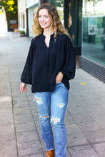 Load image into Gallery viewer, Boho Vibes Notched Neck Smocked Bubble Sleeve Top in Black
