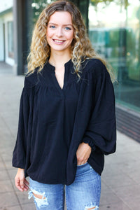 Boho Vibes Notched Neck Smocked Bubble Sleeve Top in Black