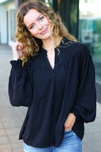 Load image into Gallery viewer, Boho Vibes Notched Neck Smocked Bubble Sleeve Top in Black
