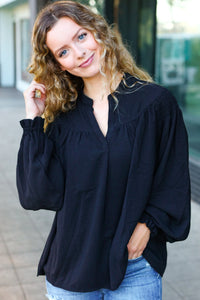 Boho Vibes Notched Neck Smocked Bubble Sleeve Top in Black