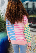 Load image into Gallery viewer, Perfectly Poised Blush &amp; Blue Stripe Half Zip Up Oversized Sweater
